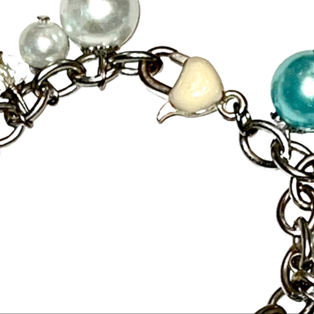 Silver & Pastel Teal & White Pearls Chain Link Bracelet - Picture 7 of 7